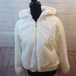 Time And True White Soft Fluffy Full Zipper  Hooded  Jacket XS Womans